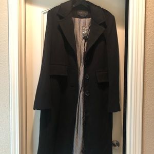 Full length, black wool and cashmere BCBG coat.